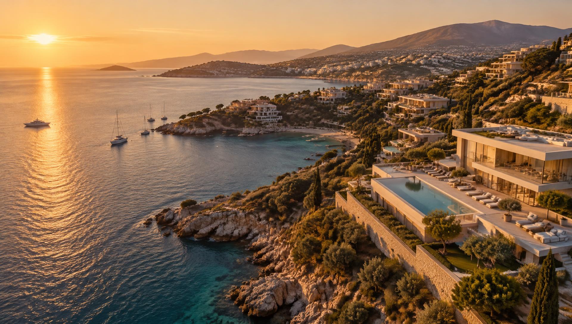Athenian Riviera coastline at golden hour
